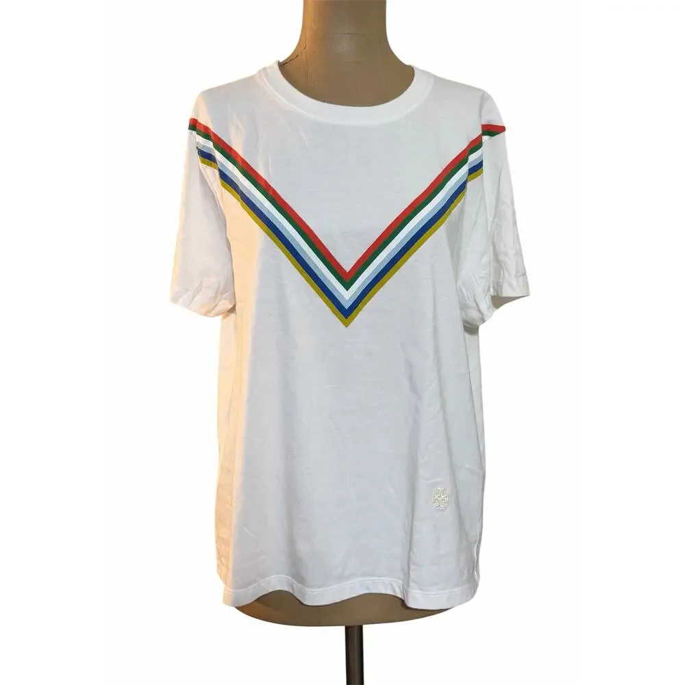 Tory Sport Crewneck T-shirt Tempo Chevron Short Sleeve White Cotton